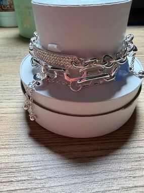 Women's Silver Chain Multi-Layer Bracelet with Crystal Accent